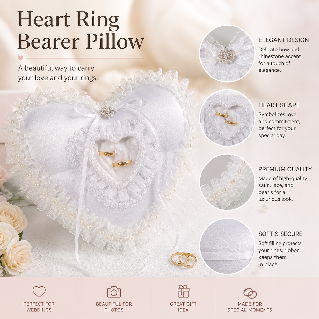 White Heart Shaped Wedding Rin - مراجعة Ring Bearer Pillow وسعره