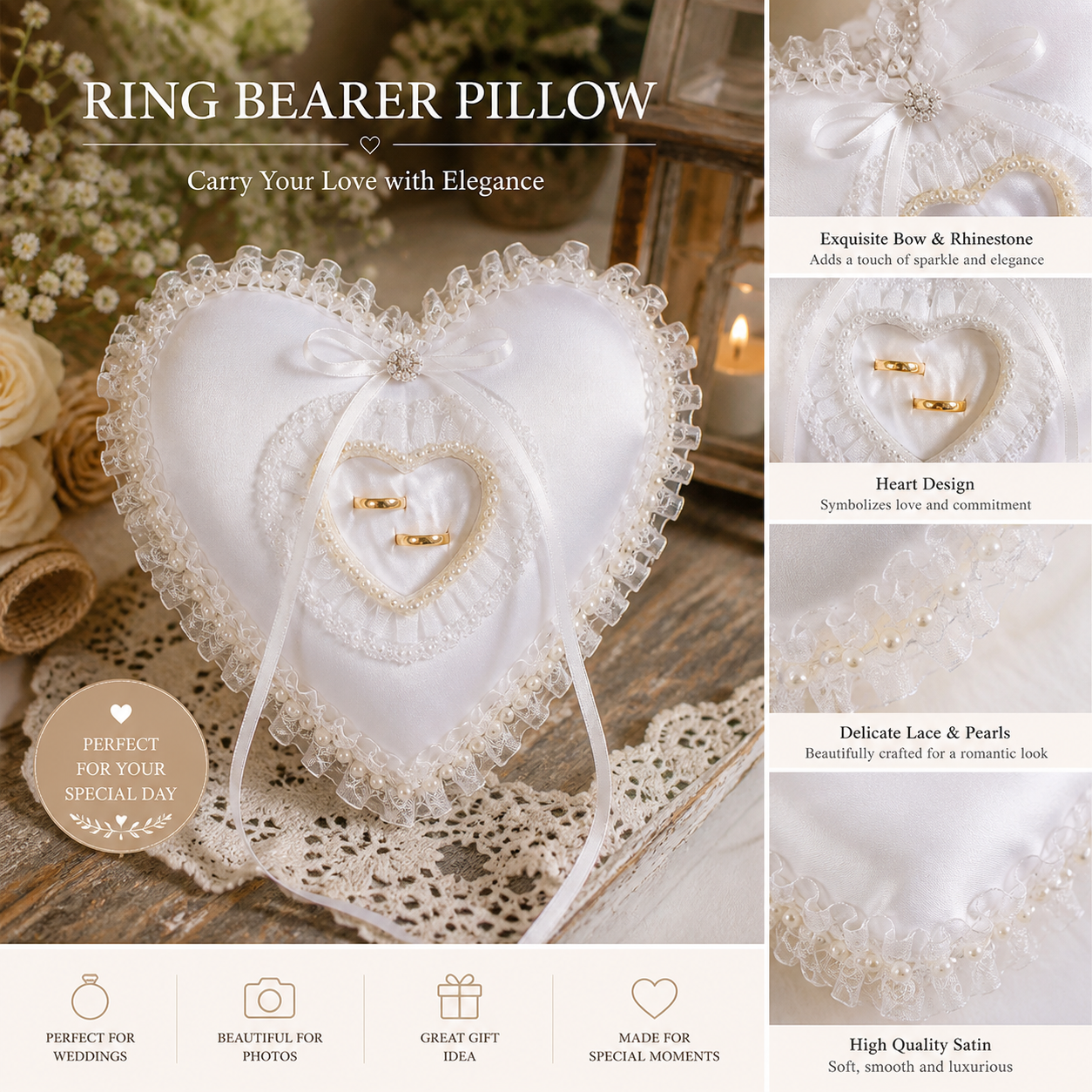 White Heart Shaped Wedding Rin - مراجعة Ring Bearer Pillow وسعره